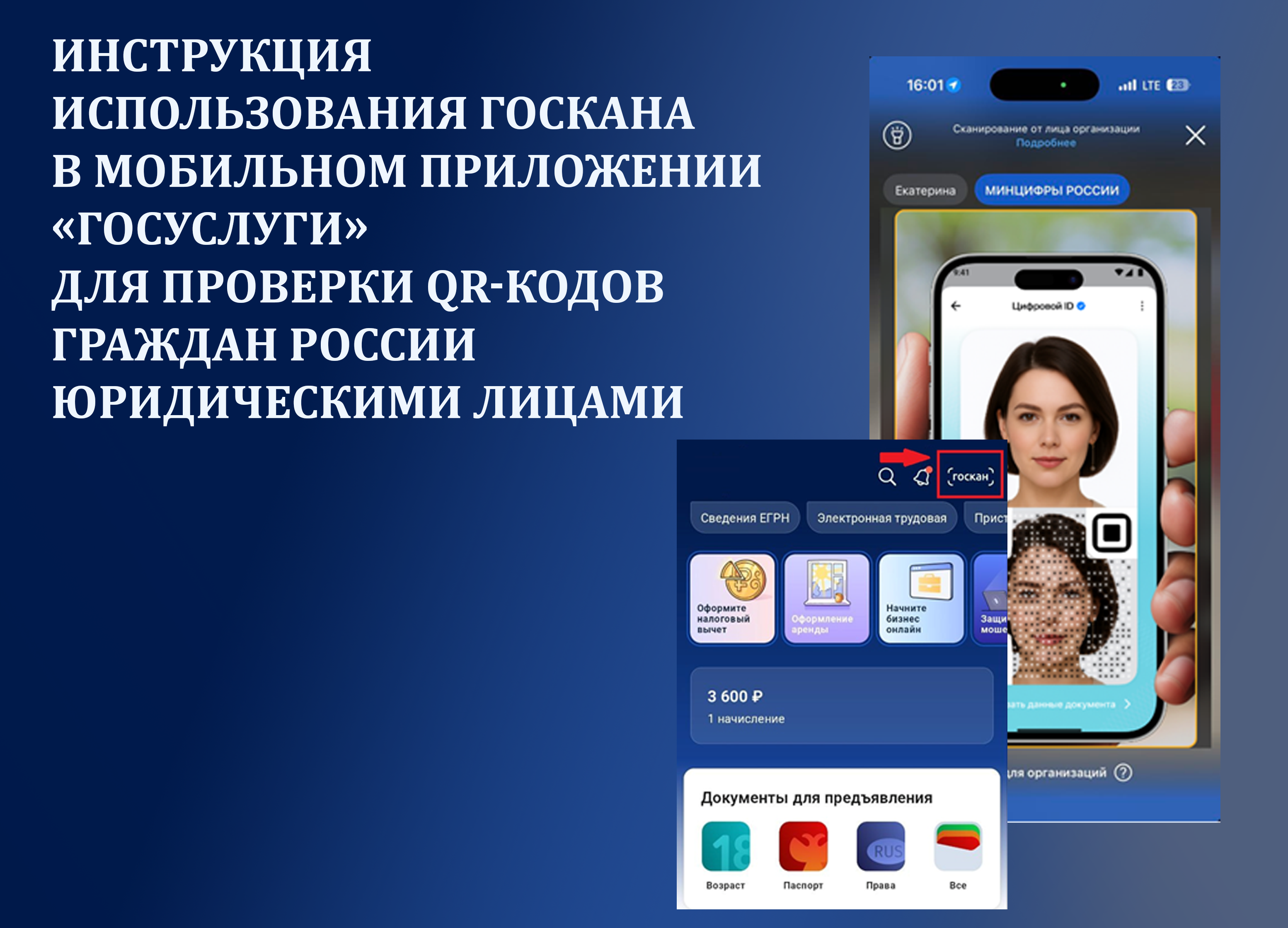 Инструкция использования Госкана в мобильном приложении «Госуслуги» для проверки QR-кодов граждан России юридическими лицами.