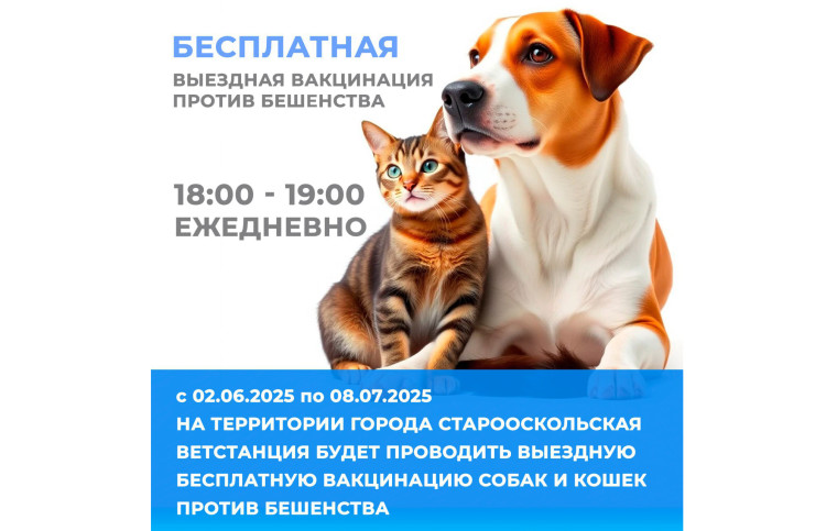 Старооскольская ветстанция организует бесплатную выездную вакцинацию кошек и собак. Старооскольская ветстанция организует бесплатную выездную вакцинацию кошек и собак.