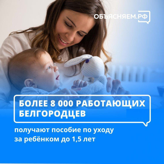 В 2023 году более 8 тысяч семей в Белгородской области получают пособие по уходу за ребёнком до полутора лет.