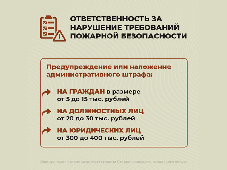 Жителям Старооскольского округа напомнили о правилах пожарной безопасности и ответственности за их несоблюдение.